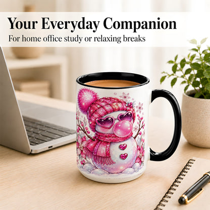 #pl[15oz|Black] Pink Snowman Coffee Mug, Heart Sunglasses Winter Mug, Ceramic Cup