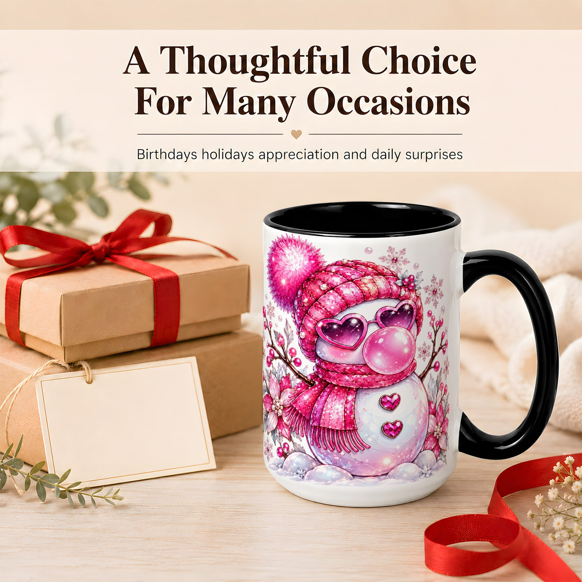 #pl[15oz|Black] Pink Snowman Coffee Mug, Heart Sunglasses Winter Mug, Ceramic Cup