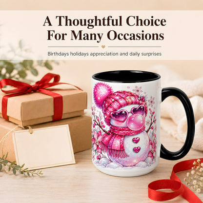 #pl[15oz|Black] Pink Snowman Coffee Mug, Heart Sunglasses Winter Mug, Ceramic Cup