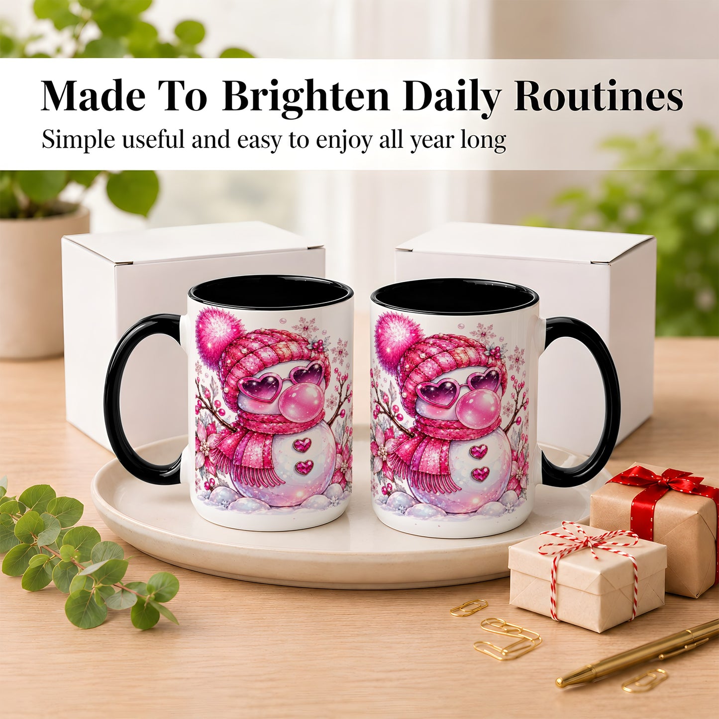 #pl[15oz|Black] Pink Snowman Coffee Mug, Heart Sunglasses Winter Mug, Ceramic Cup
