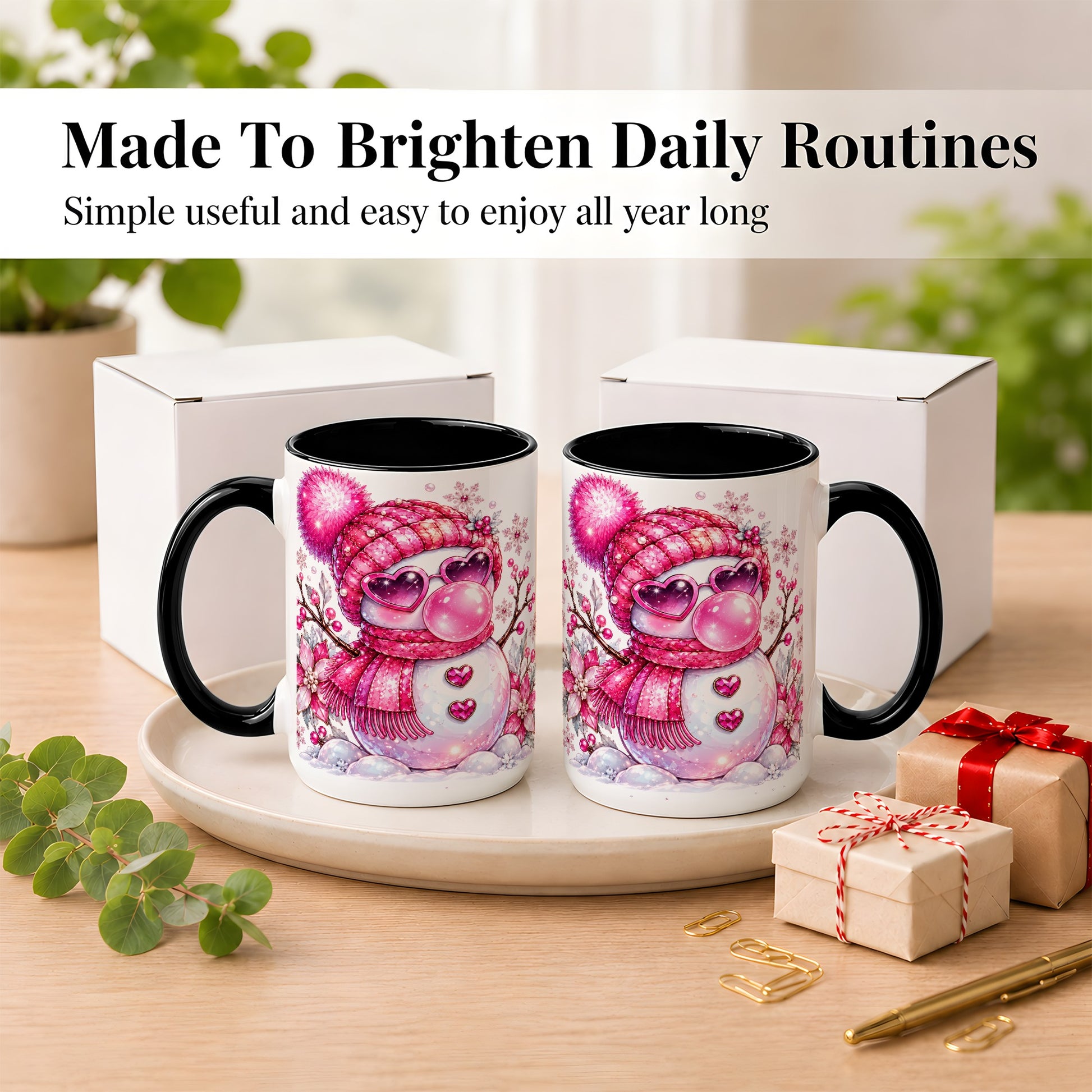 #pl[15oz|Black] Pink Snowman Coffee Mug, Heart Sunglasses Winter Mug, Ceramic Cup