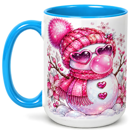 #pl[15oz|Blue] Pink Snowman Coffee Mug, Heart Sunglasses Winter Mug, Ceramic Cup