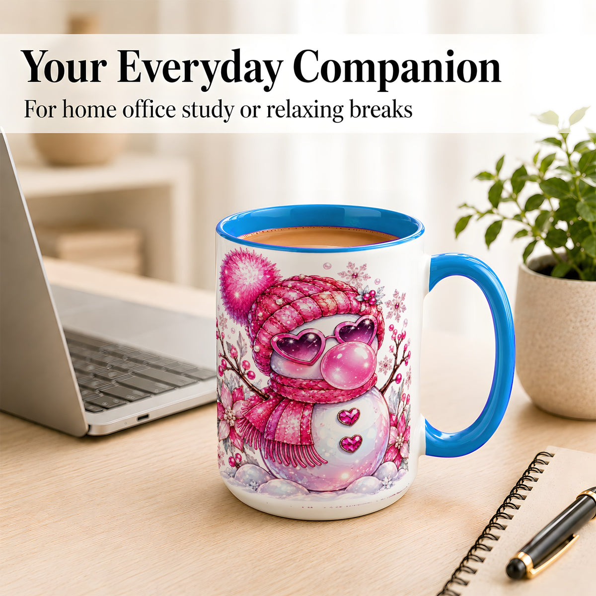 #pl[15oz|Blue] Pink Snowman Coffee Mug, Heart Sunglasses Winter Mug, Ceramic Cup