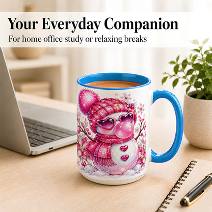 #pl[15oz|Blue] Pink Snowman Coffee Mug, Heart Sunglasses Winter Mug, Ceramic Cup
