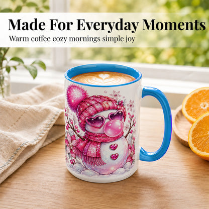 #pl[15oz|Blue] Pink Snowman Coffee Mug, Heart Sunglasses Winter Mug, Ceramic Cup