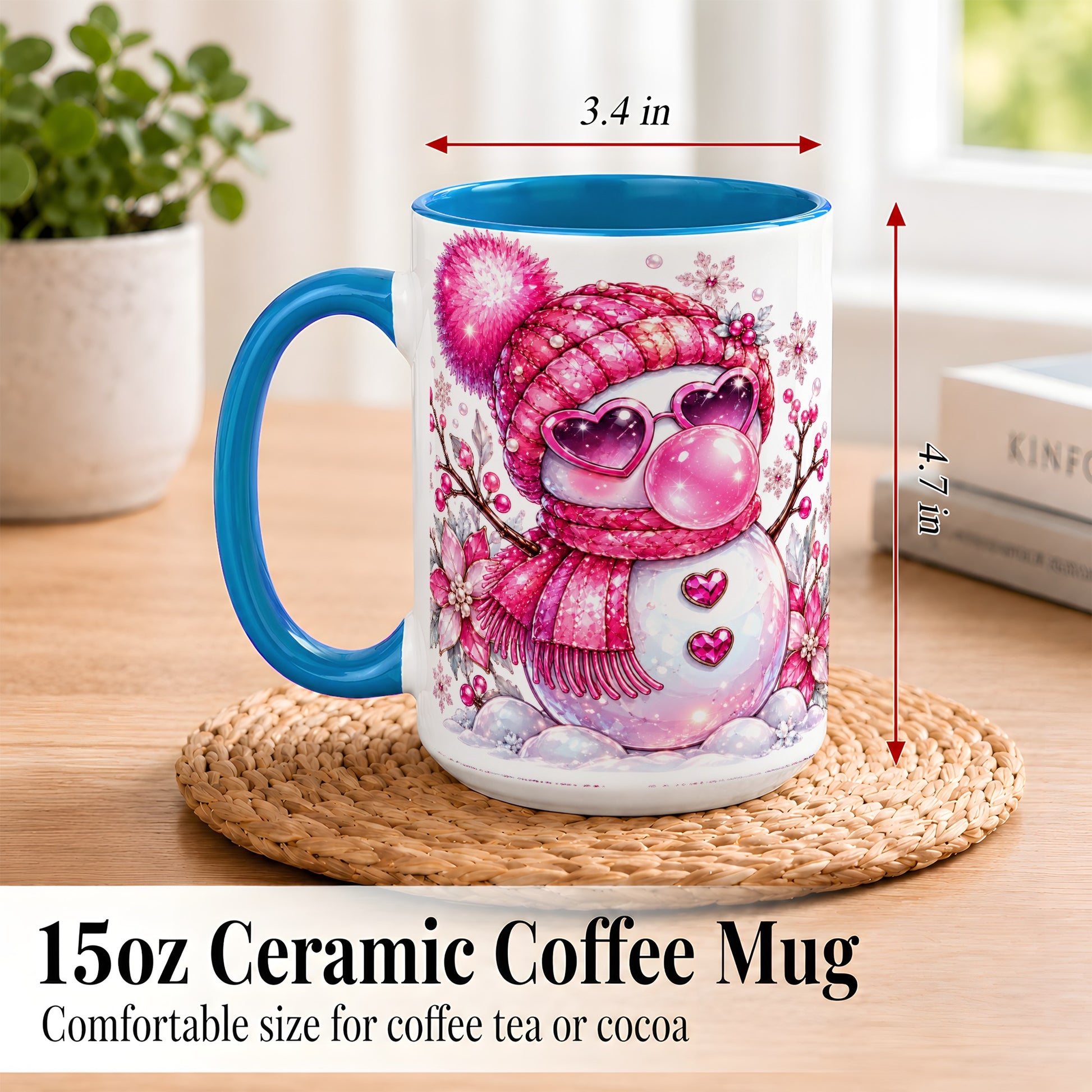 #pl[15oz|Blue] Pink Snowman Coffee Mug, Heart Sunglasses Winter Mug, Ceramic Cup