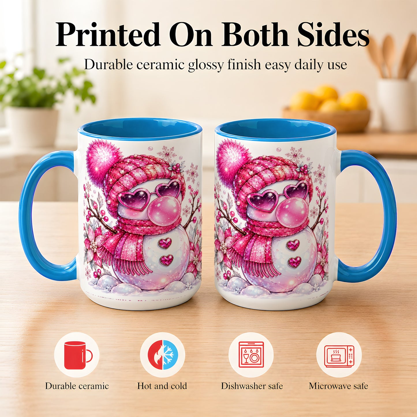 #pl[15oz|Blue] Pink Snowman Coffee Mug, Heart Sunglasses Winter Mug, Ceramic Cup