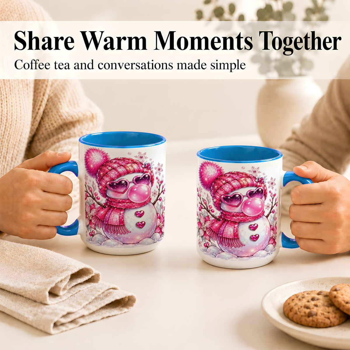 #pl[15oz|Blue] Pink Snowman Coffee Mug, Heart Sunglasses Winter Mug, Ceramic Cup