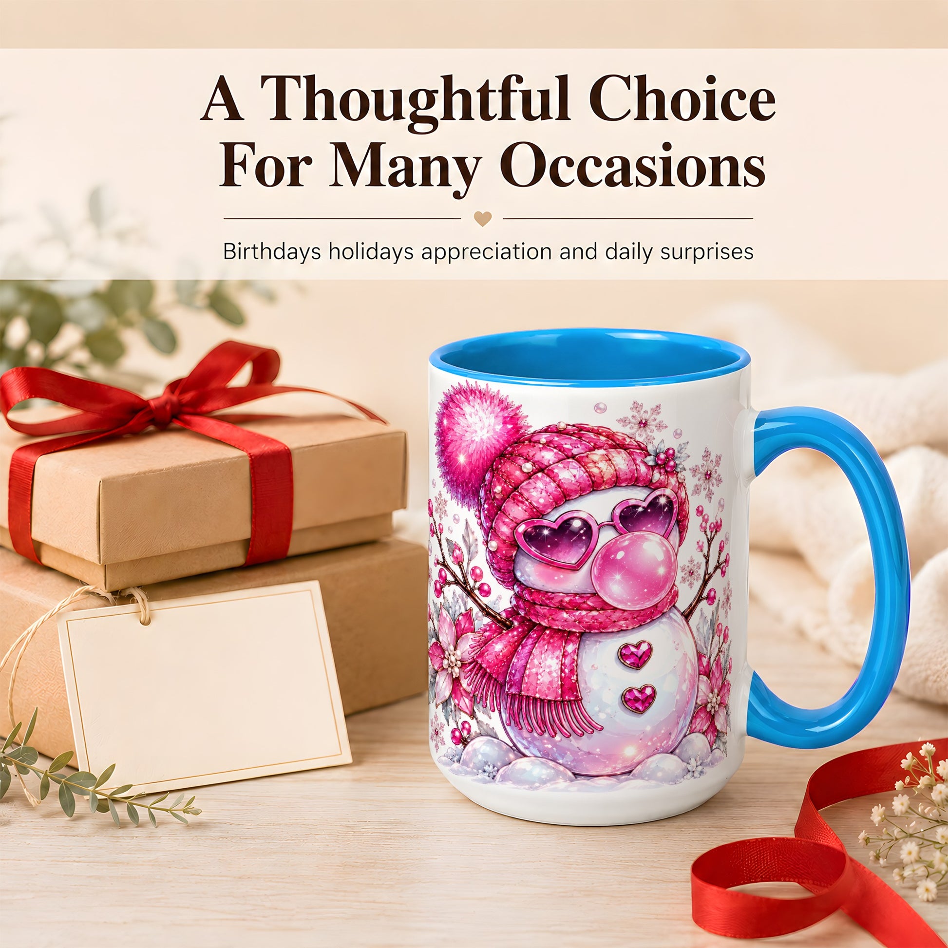 #pl[15oz|Blue] Pink Snowman Coffee Mug, Heart Sunglasses Winter Mug, Ceramic Cup