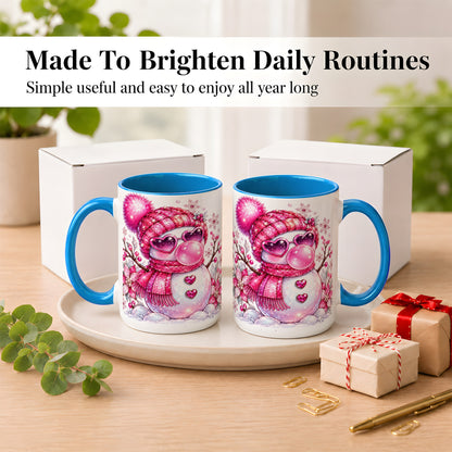 #pl[15oz|Blue] Pink Snowman Coffee Mug, Heart Sunglasses Winter Mug, Ceramic Cup