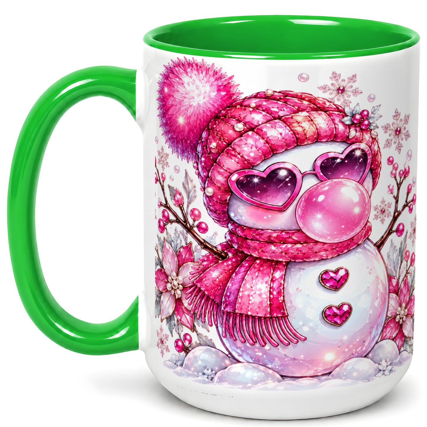 #pl[15oz|Green] Pink Snowman Coffee Mug, Heart Sunglasses Winter Mug, Ceramic Cup