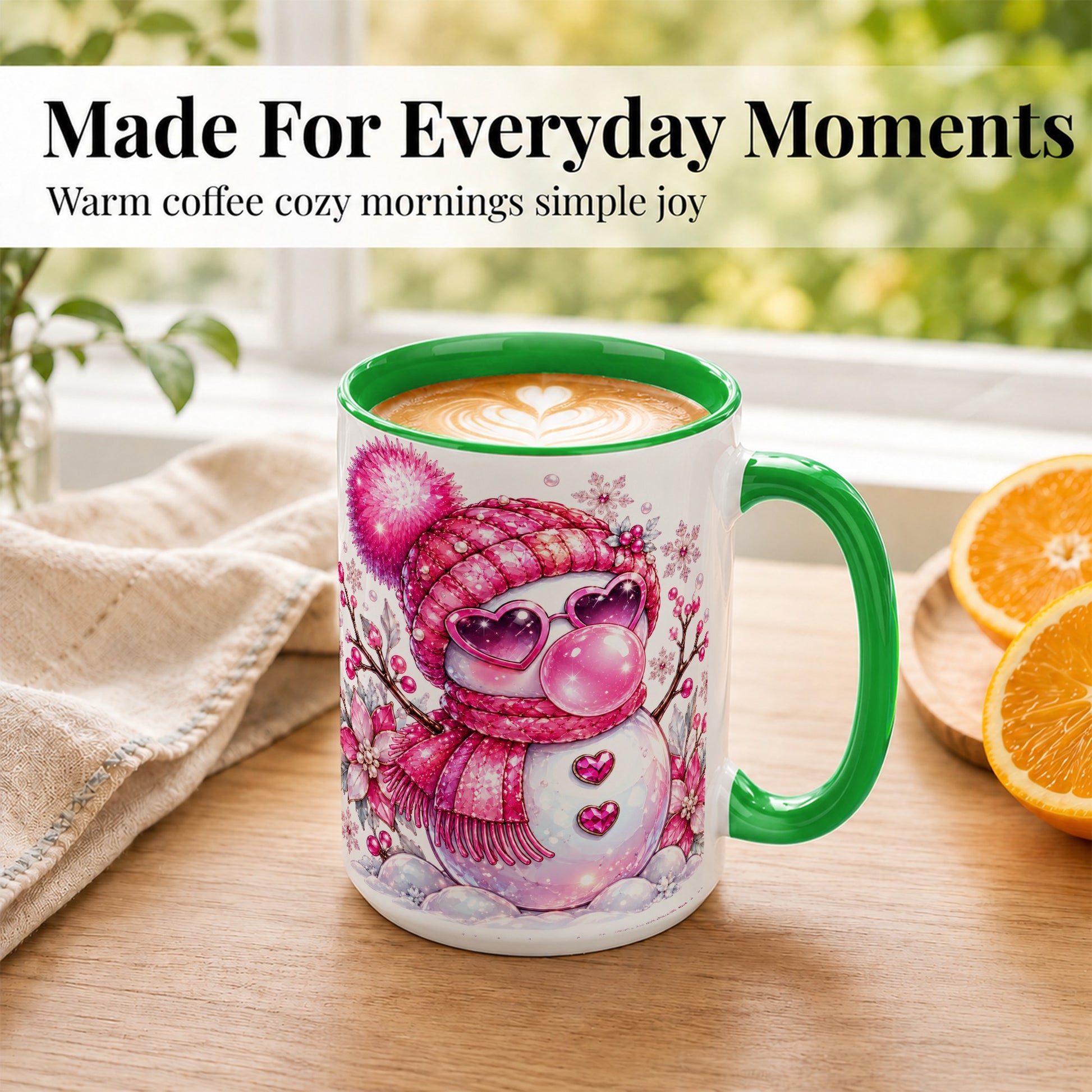 #pl[15oz|Green] Pink Snowman Coffee Mug, Heart Sunglasses Winter Mug, Ceramic Cup