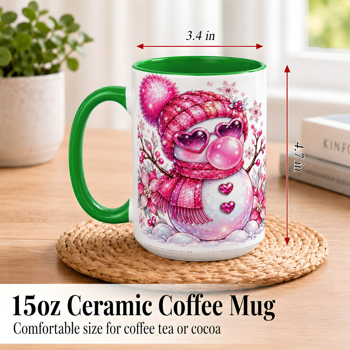 #pl[15oz|Green] Pink Snowman Coffee Mug, Heart Sunglasses Winter Mug, Ceramic Cup
