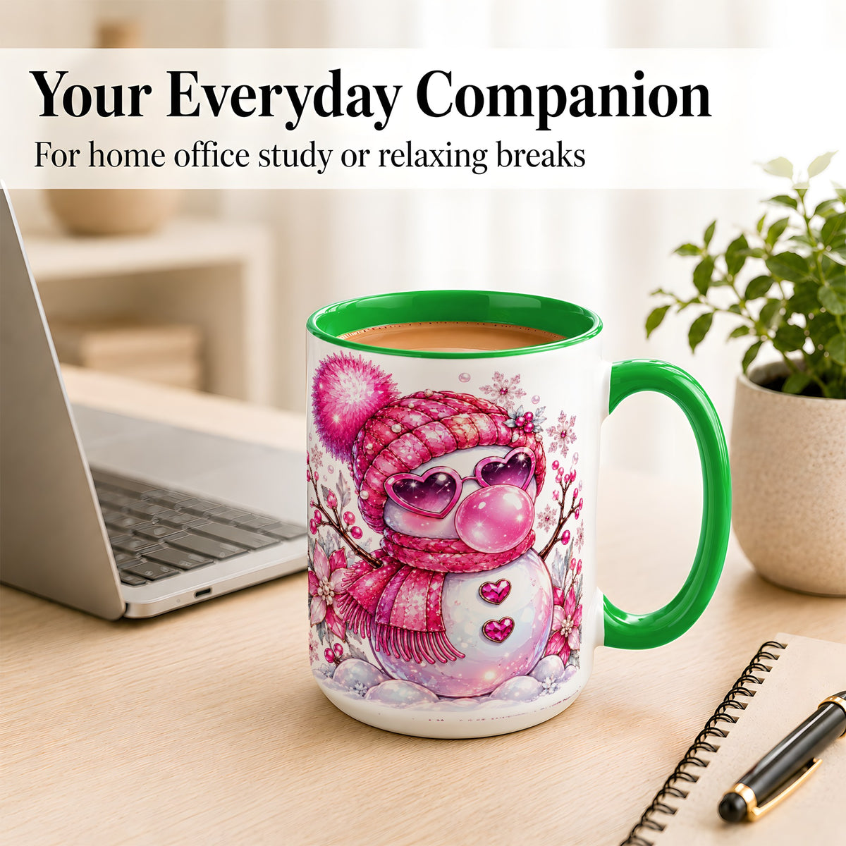 #pl[15oz|Green] Pink Snowman Coffee Mug, Heart Sunglasses Winter Mug, Ceramic Cup
