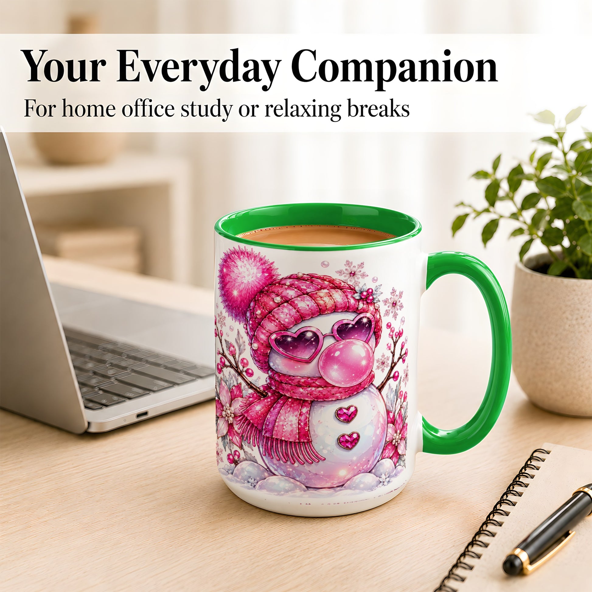 #pl[15oz|Green] Pink Snowman Coffee Mug, Heart Sunglasses Winter Mug, Ceramic Cup