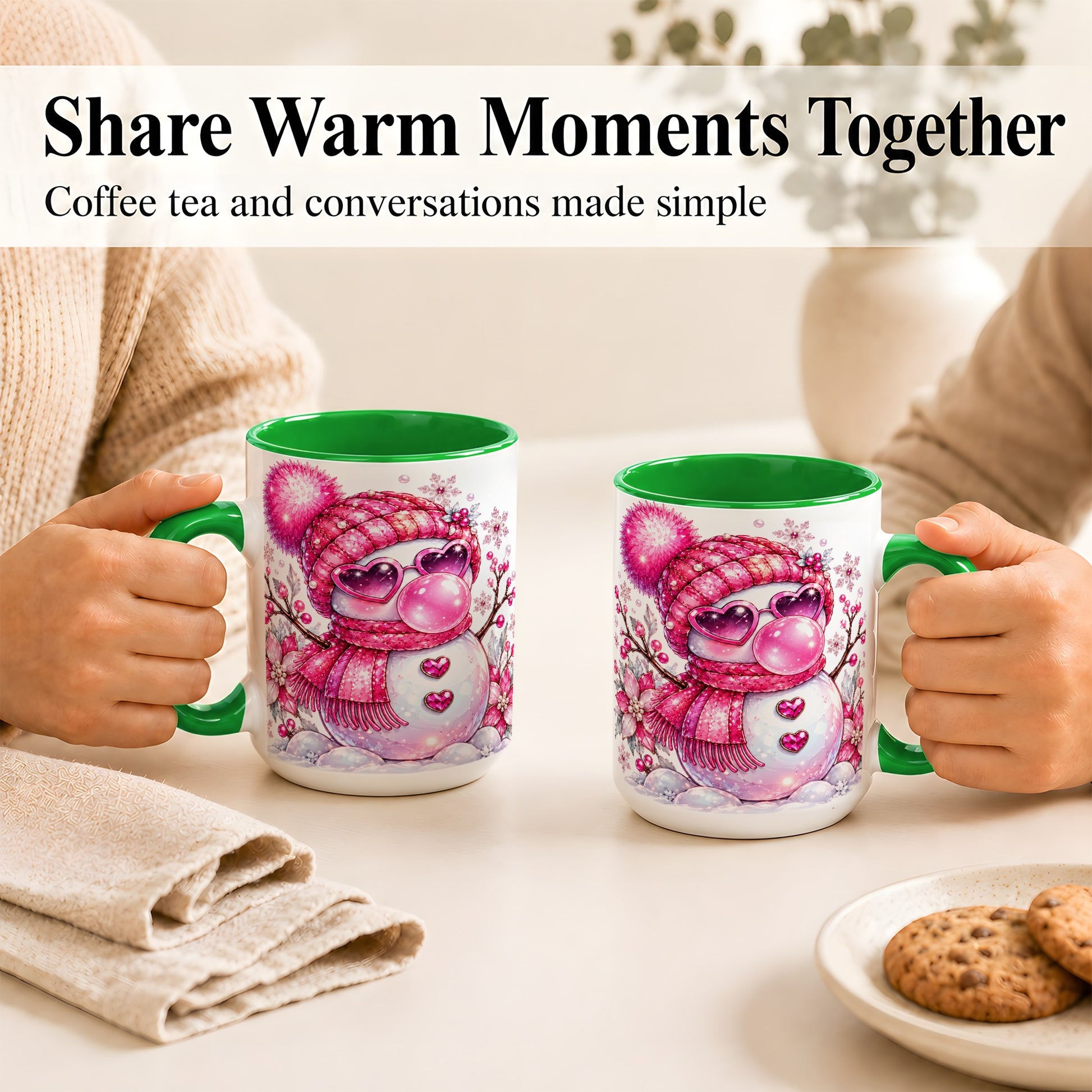 #pl[15oz|Green] Pink Snowman Coffee Mug, Heart Sunglasses Winter Mug, Ceramic Cup