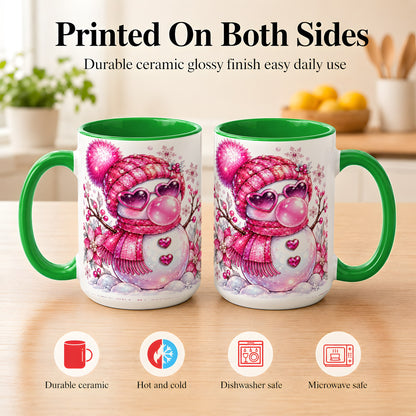 #pl[15oz|Green] Pink Snowman Coffee Mug, Heart Sunglasses Winter Mug, Ceramic Cup