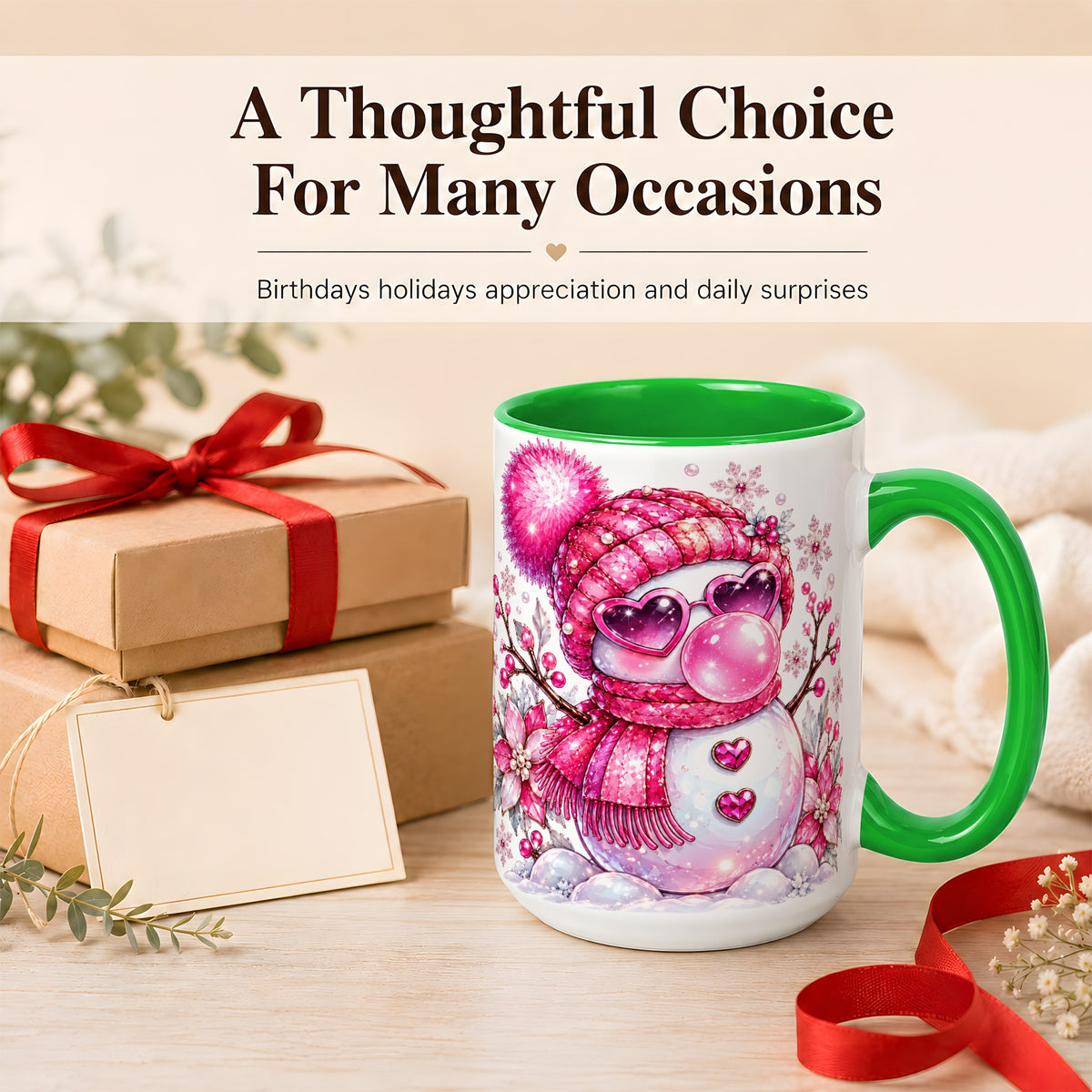 #pl[15oz|Green] Pink Snowman Coffee Mug, Heart Sunglasses Winter Mug, Ceramic Cup