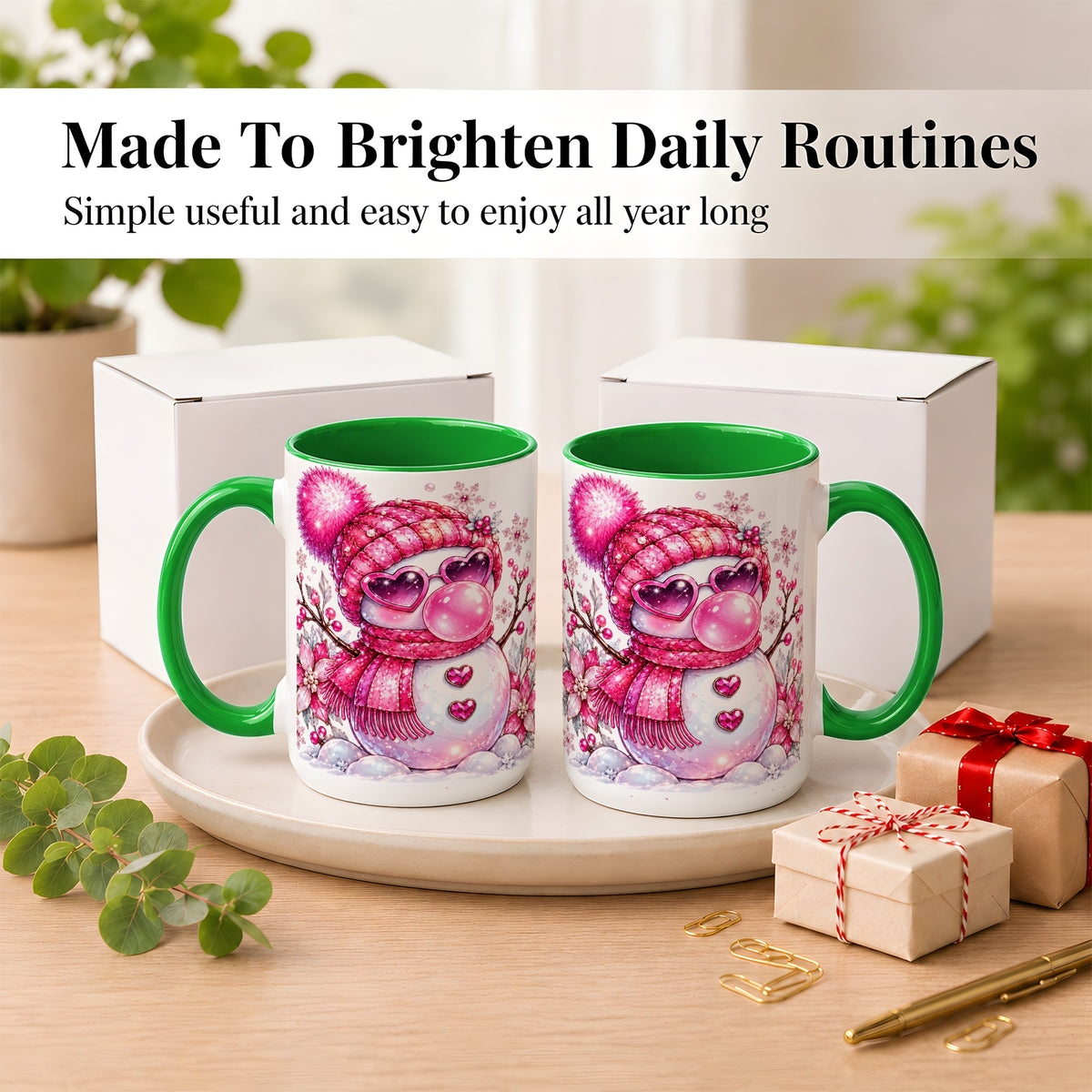#pl[15oz|Green] Pink Snowman Coffee Mug, Heart Sunglasses Winter Mug, Ceramic Cup