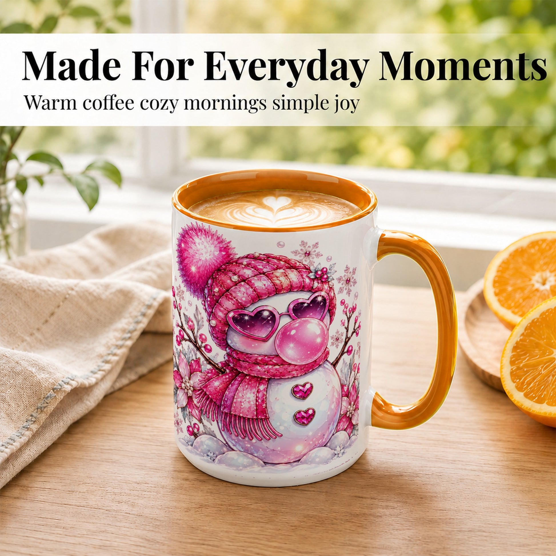 #pl[15oz|Orange] Pink Snowman Coffee Mug, Heart Sunglasses Winter Mug, Ceramic Cup