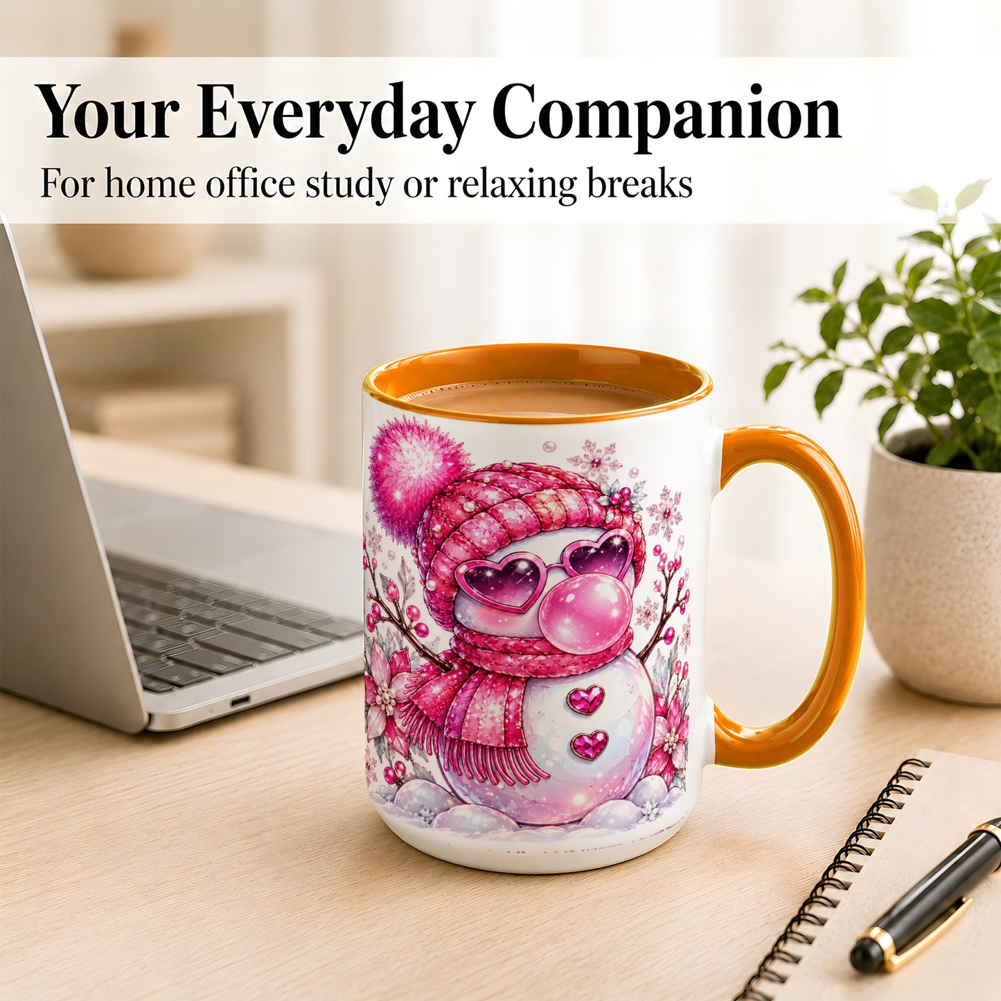 #pl[15oz|Orange] Pink Snowman Coffee Mug, Heart Sunglasses Winter Mug, Ceramic Cup