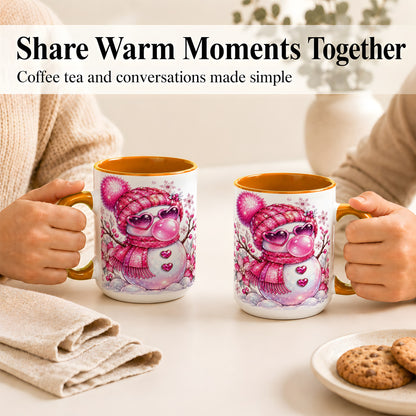 #pl[15oz|Orange] Pink Snowman Coffee Mug, Heart Sunglasses Winter Mug, Ceramic Cup