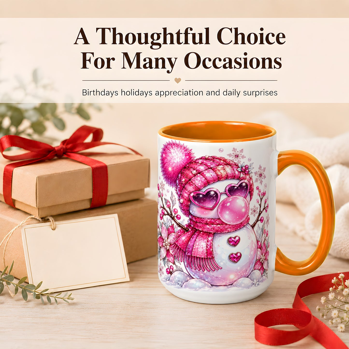 #pl[15oz|Orange] Pink Snowman Coffee Mug, Heart Sunglasses Winter Mug, Ceramic Cup
