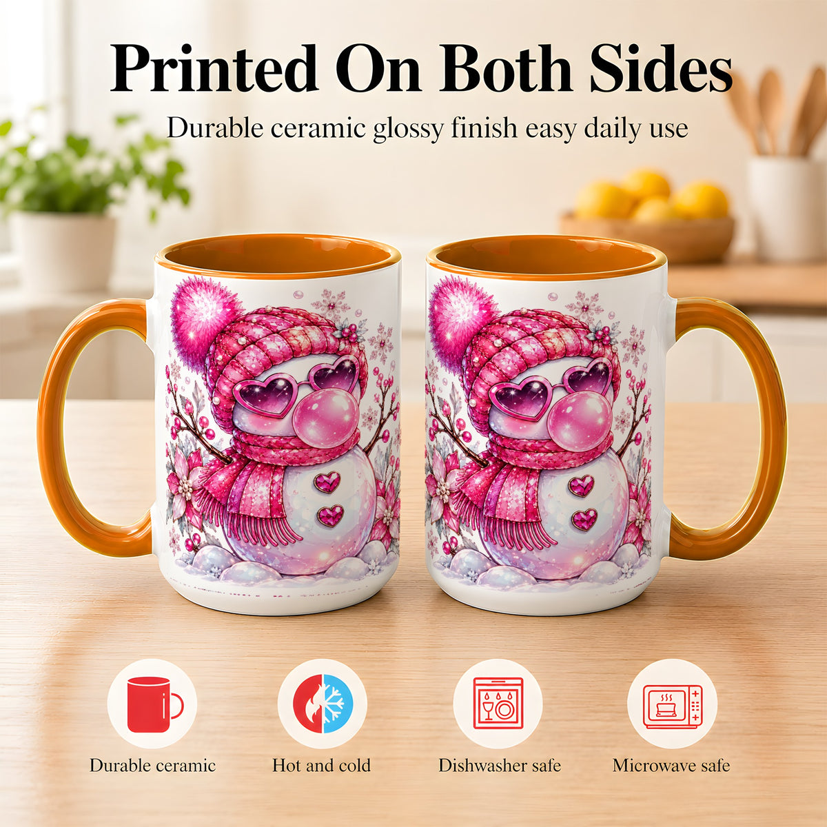 #pl[15oz|Orange] Pink Snowman Coffee Mug, Heart Sunglasses Winter Mug, Ceramic Cup