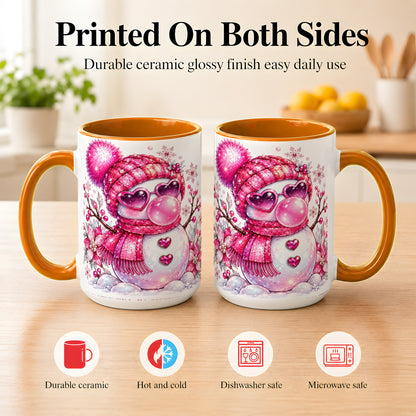 #pl[15oz|Orange] Pink Snowman Coffee Mug, Heart Sunglasses Winter Mug, Ceramic Cup