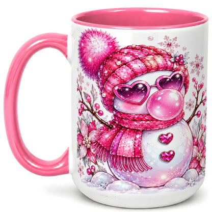 #pl[15oz|Pink] Pink Snowman Coffee Mug, Heart Sunglasses Winter Mug, Ceramic Cup
