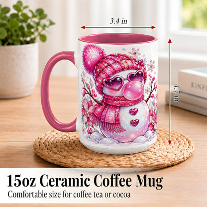 #pl[15oz|Pink] Pink Snowman Coffee Mug, Heart Sunglasses Winter Mug, Ceramic Cup