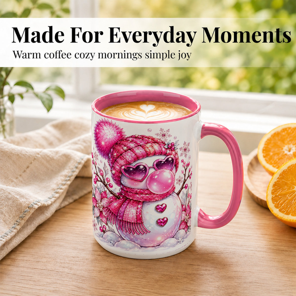 #pl[15oz|Pink] Pink Snowman Coffee Mug, Heart Sunglasses Winter Mug, Ceramic Cup