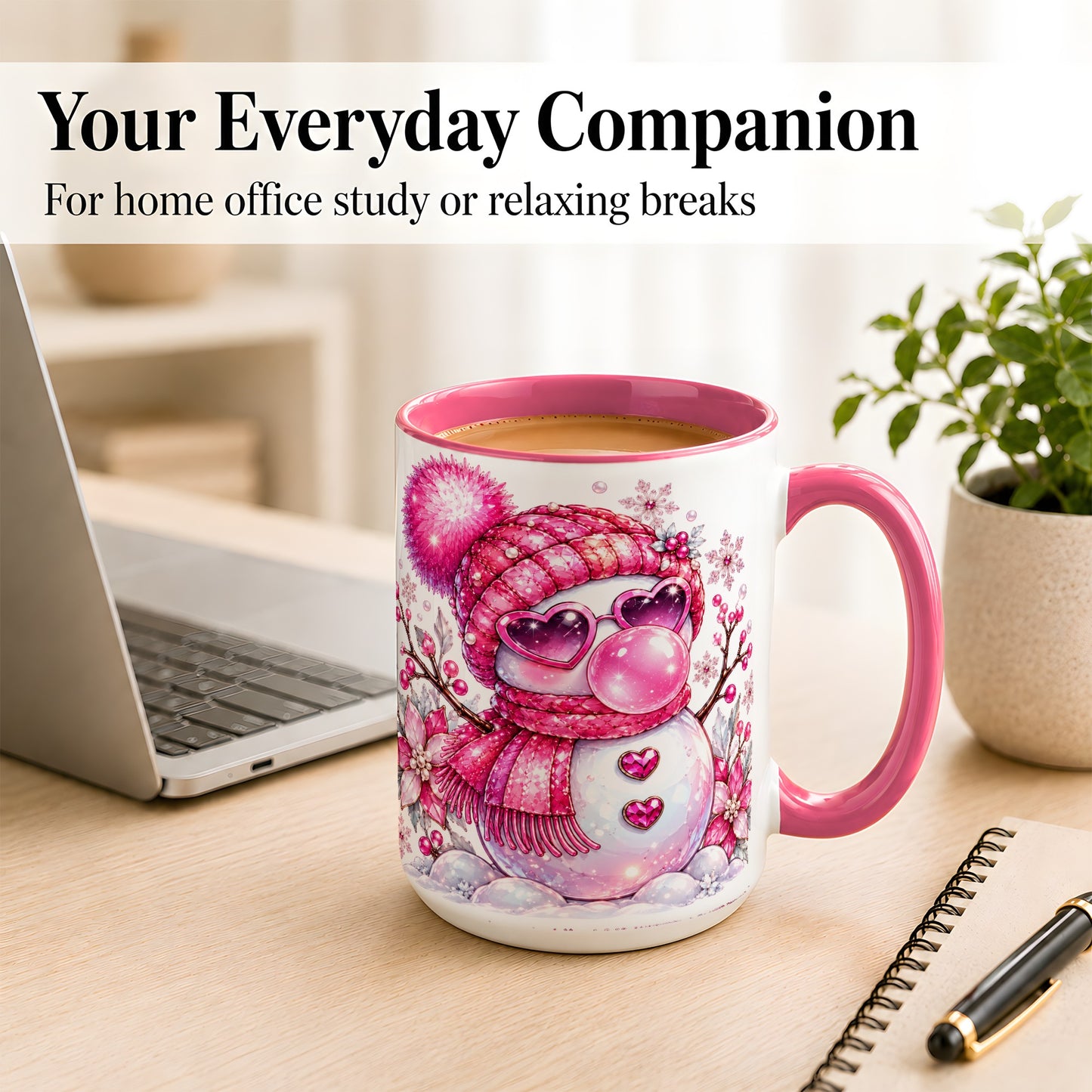 #pl[15oz|Pink] Pink Snowman Coffee Mug, Heart Sunglasses Winter Mug, Ceramic Cup