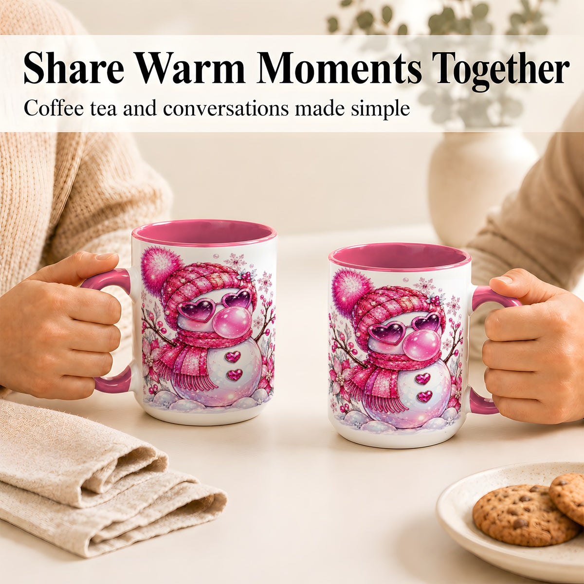 #pl[15oz|Pink] Pink Snowman Coffee Mug, Heart Sunglasses Winter Mug, Ceramic Cup