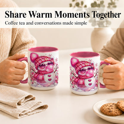 #pl[15oz|Pink] Pink Snowman Coffee Mug, Heart Sunglasses Winter Mug, Ceramic Cup