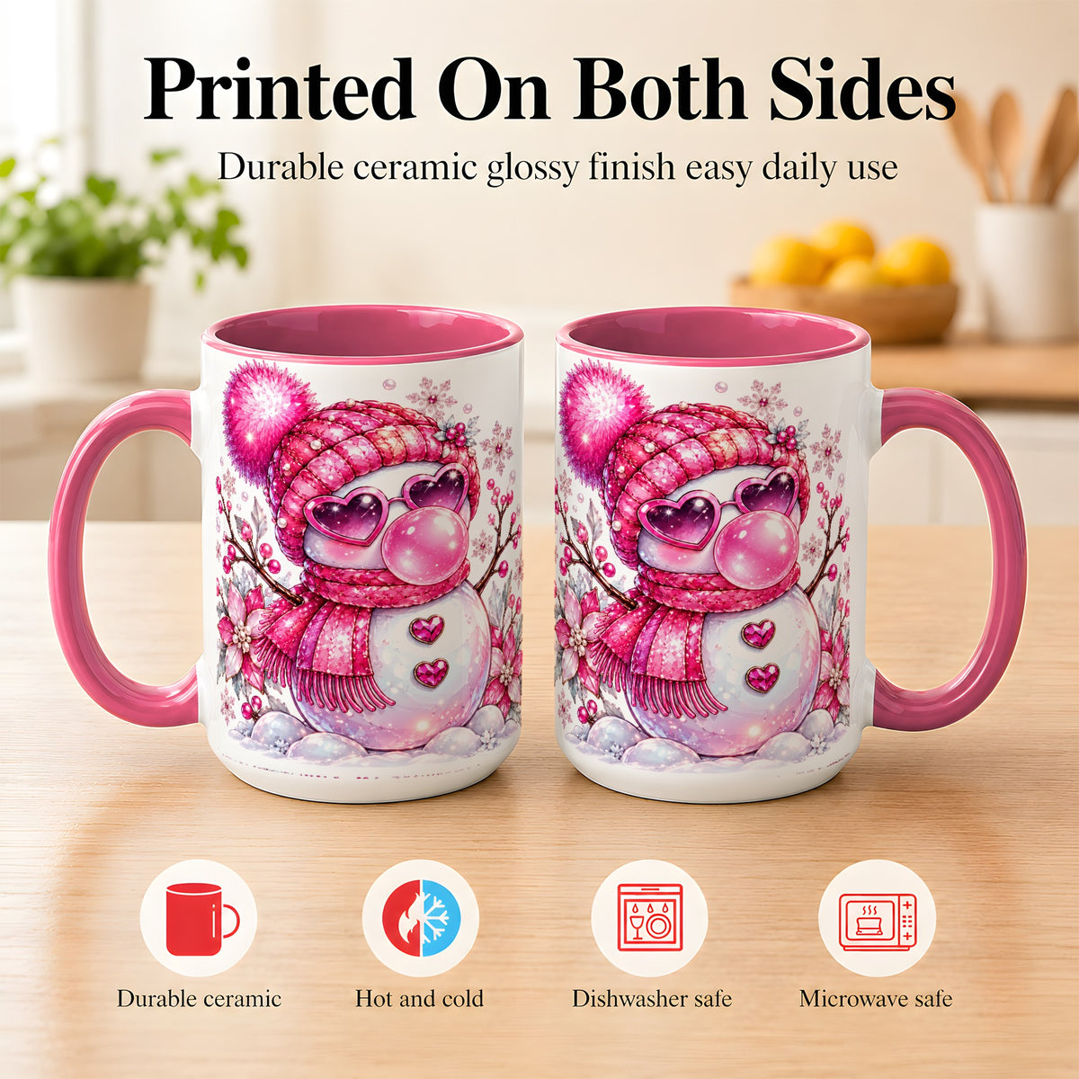 #pl[15oz|Pink] Pink Snowman Coffee Mug, Heart Sunglasses Winter Mug, Ceramic Cup