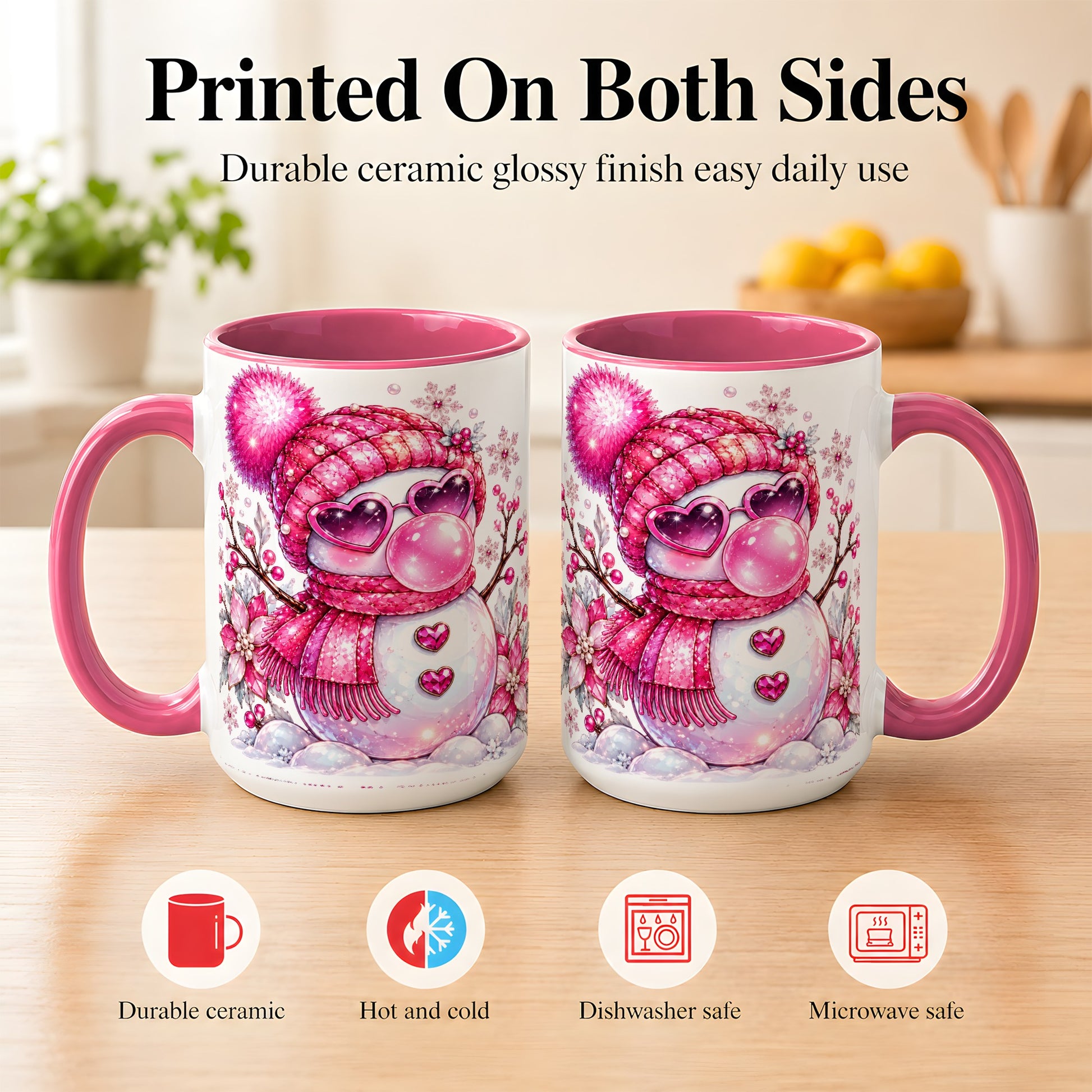 #pl[15oz|Pink] Pink Snowman Coffee Mug, Heart Sunglasses Winter Mug, Ceramic Cup