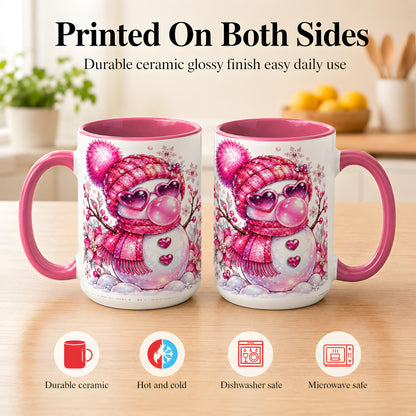 #pl[15oz|Pink] Pink Snowman Coffee Mug, Heart Sunglasses Winter Mug, Ceramic Cup