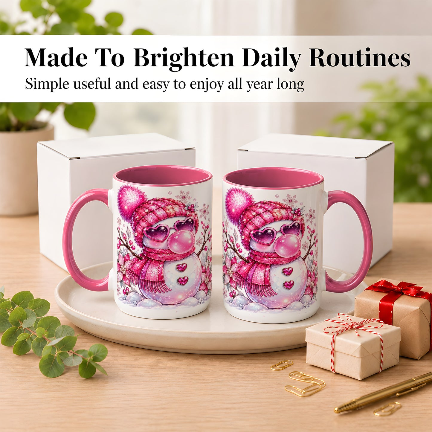 #pl[15oz|Pink] Pink Snowman Coffee Mug, Heart Sunglasses Winter Mug, Ceramic Cup
