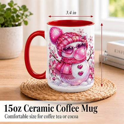 #pl[15oz|Red] Pink Snowman Coffee Mug, Heart Sunglasses Winter Mug, Ceramic Cup