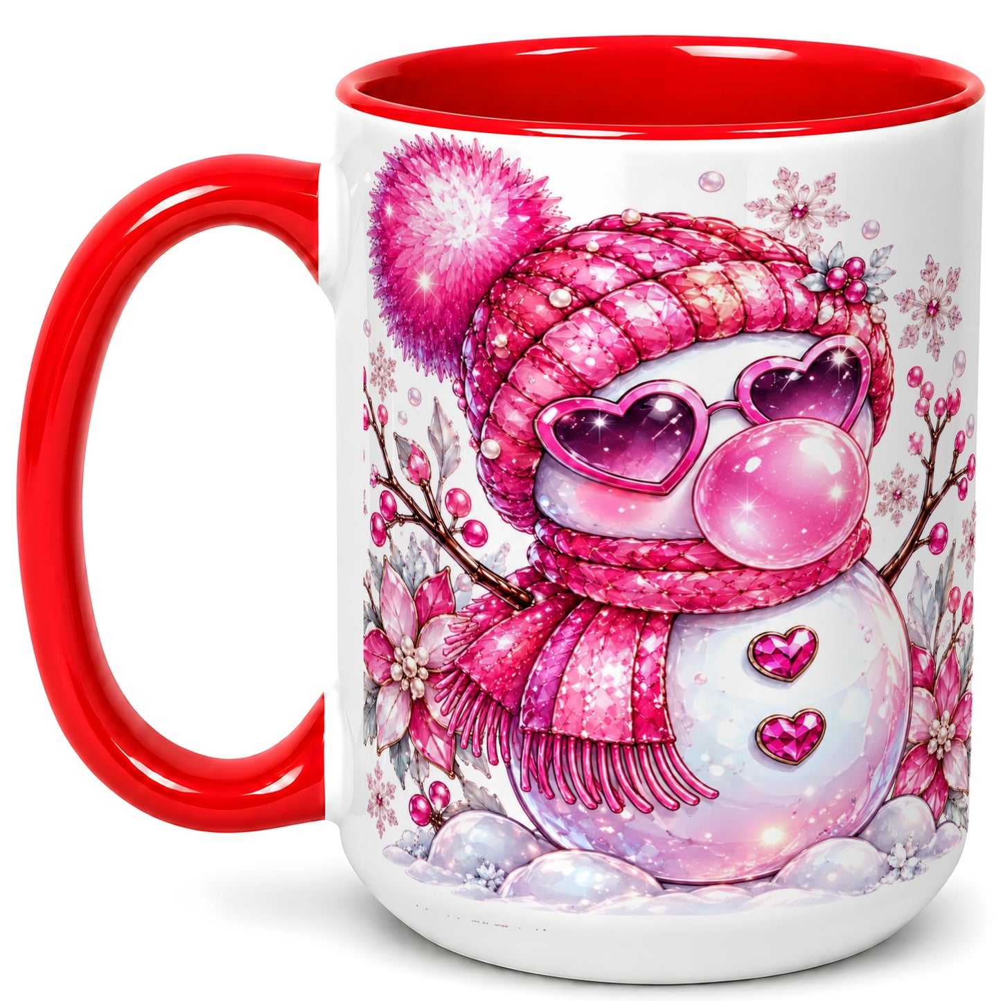 #pl[15oz|Red] Pink Snowman Coffee Mug, Heart Sunglasses Winter Mug, Ceramic Cup
