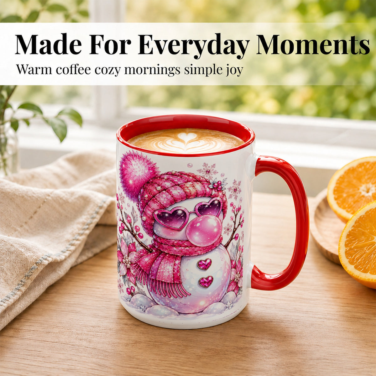 #pl[15oz|Red] Pink Snowman Coffee Mug, Heart Sunglasses Winter Mug, Ceramic Cup