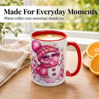 #pl[15oz|Red] Pink Snowman Coffee Mug, Heart Sunglasses Winter Mug, Ceramic Cup