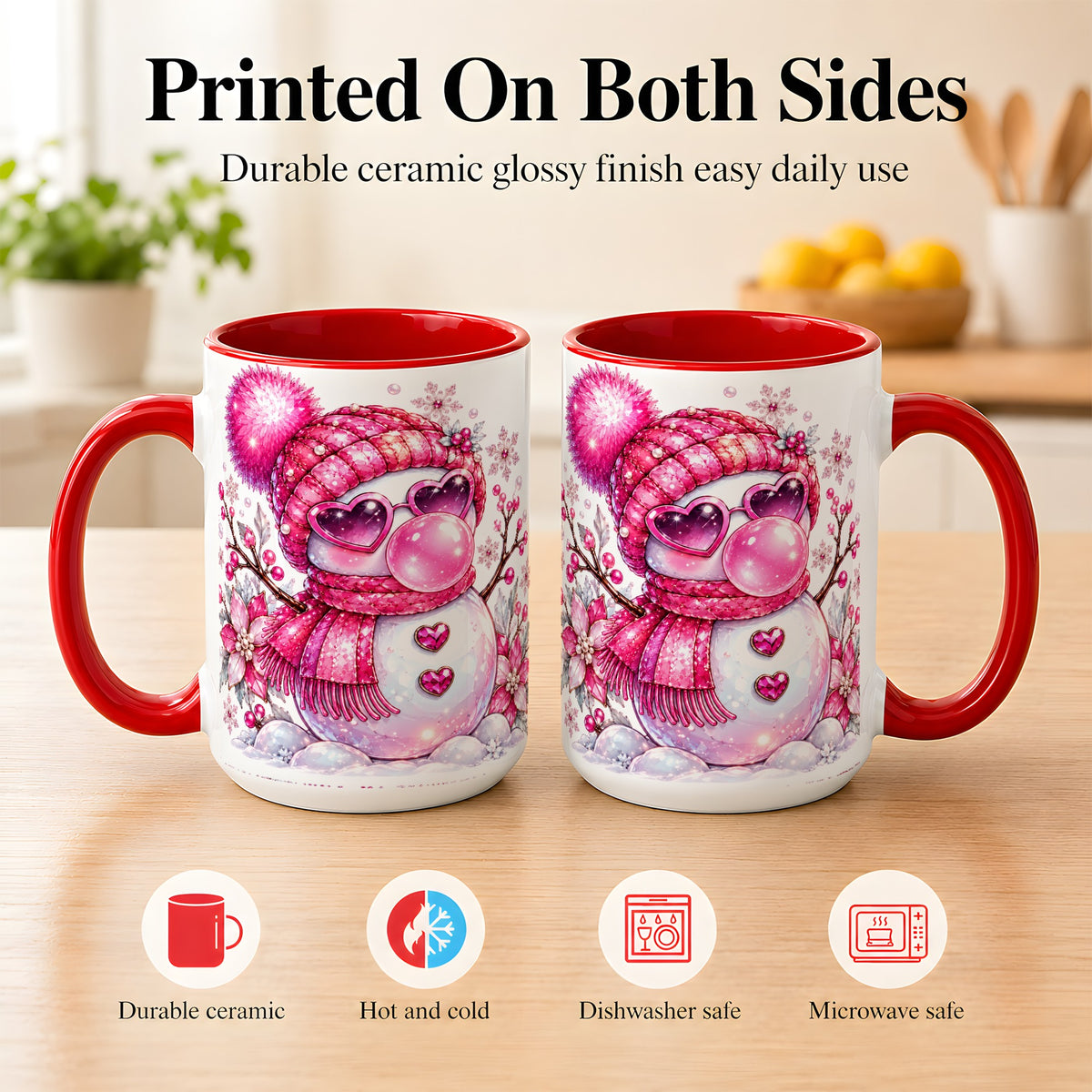 #pl[15oz|Red] Pink Snowman Coffee Mug, Heart Sunglasses Winter Mug, Ceramic Cup