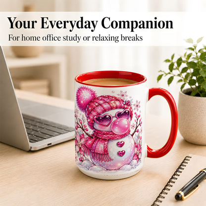 #pl[15oz|Red] Pink Snowman Coffee Mug, Heart Sunglasses Winter Mug, Ceramic Cup