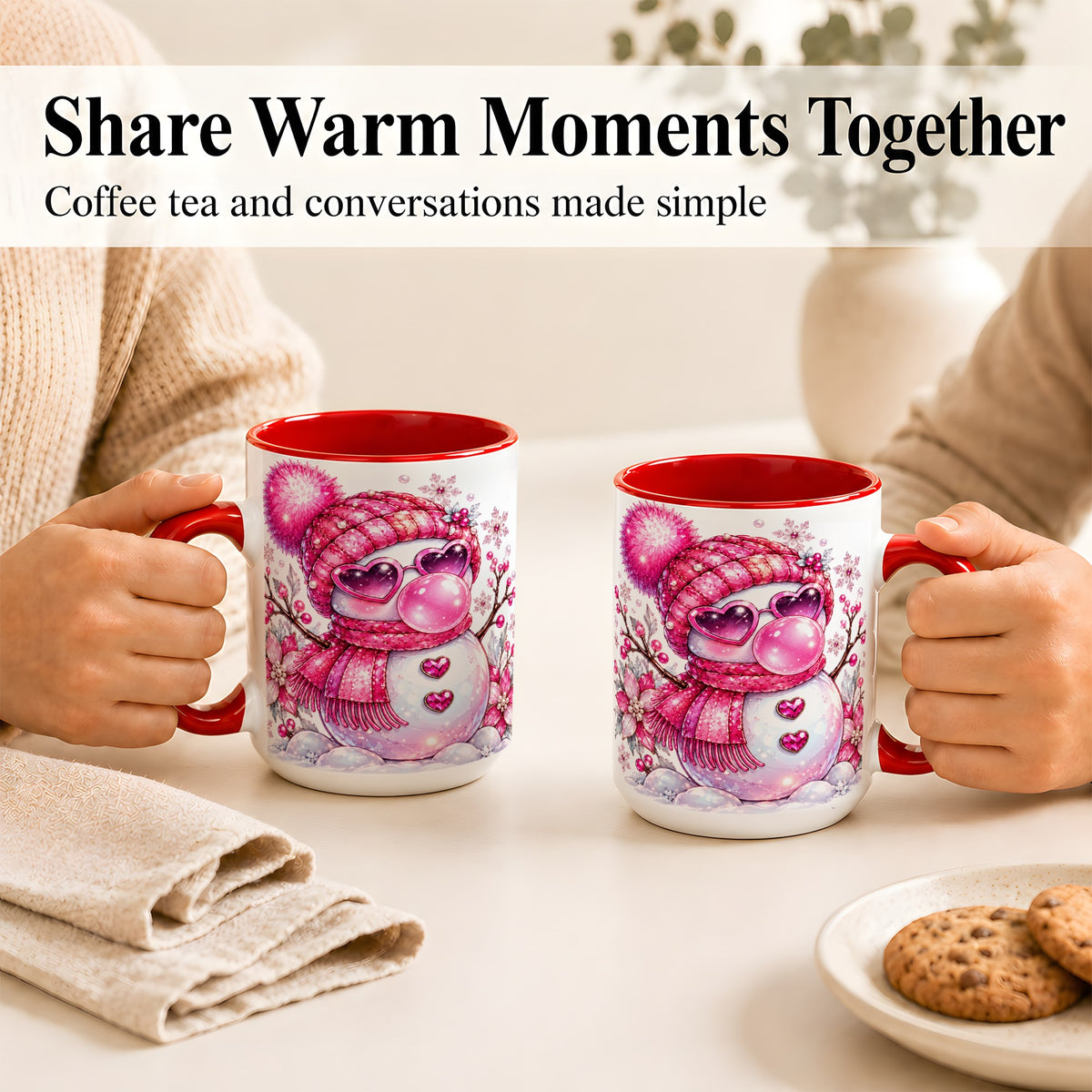 #pl[15oz|Red] Pink Snowman Coffee Mug, Heart Sunglasses Winter Mug, Ceramic Cup