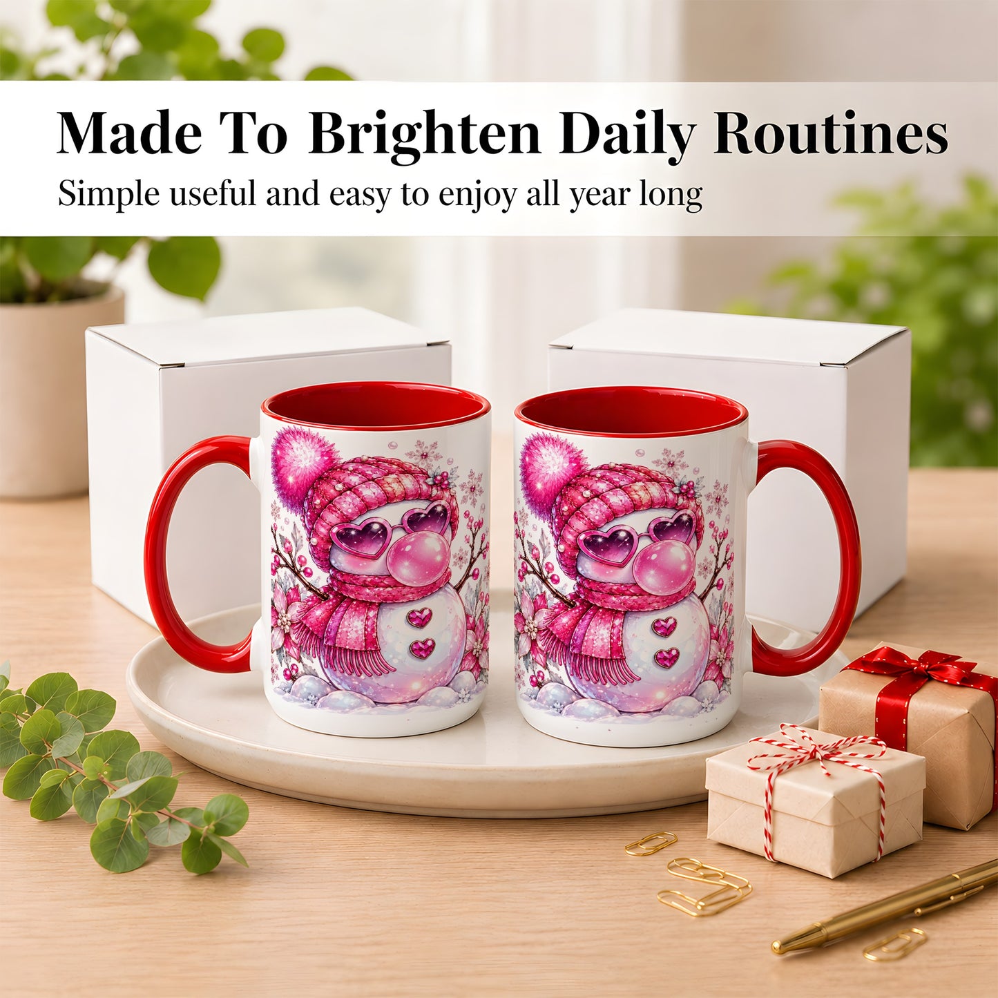 #pl[15oz|Red] Pink Snowman Coffee Mug, Heart Sunglasses Winter Mug, Ceramic Cup