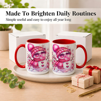 #pl[15oz|Red] Pink Snowman Coffee Mug, Heart Sunglasses Winter Mug, Ceramic Cup
