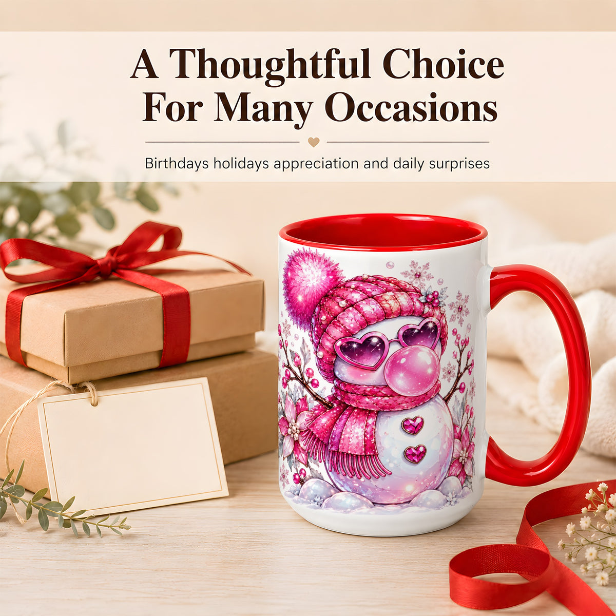 #pl[15oz|Red] Pink Snowman Coffee Mug, Heart Sunglasses Winter Mug, Ceramic Cup