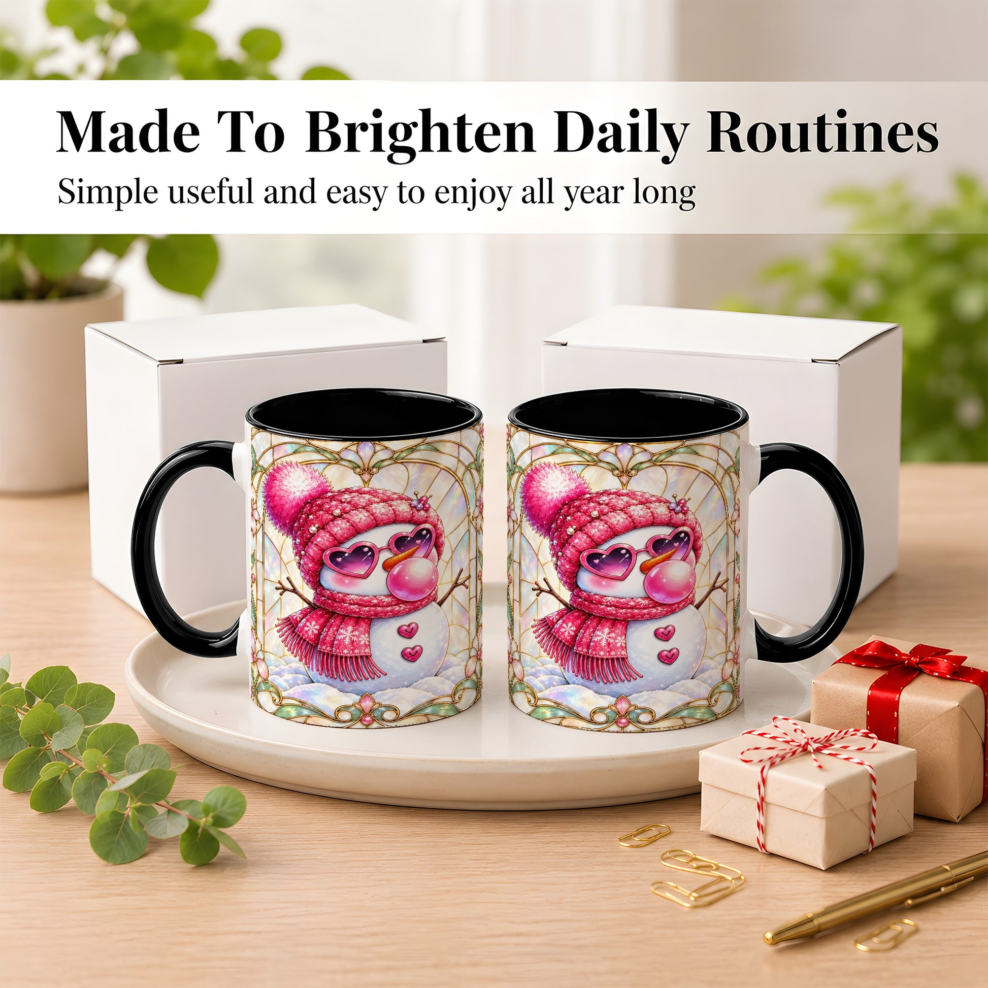 #pl[11oz|Black] Pink Snowman Coffee Mug, Winter Snowman Mug, Ceramic Cup